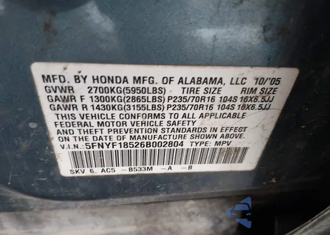 2006 Honda Pilot Ex-L z USA, uszkodzony, nr VIN 5FNYF18526B002804